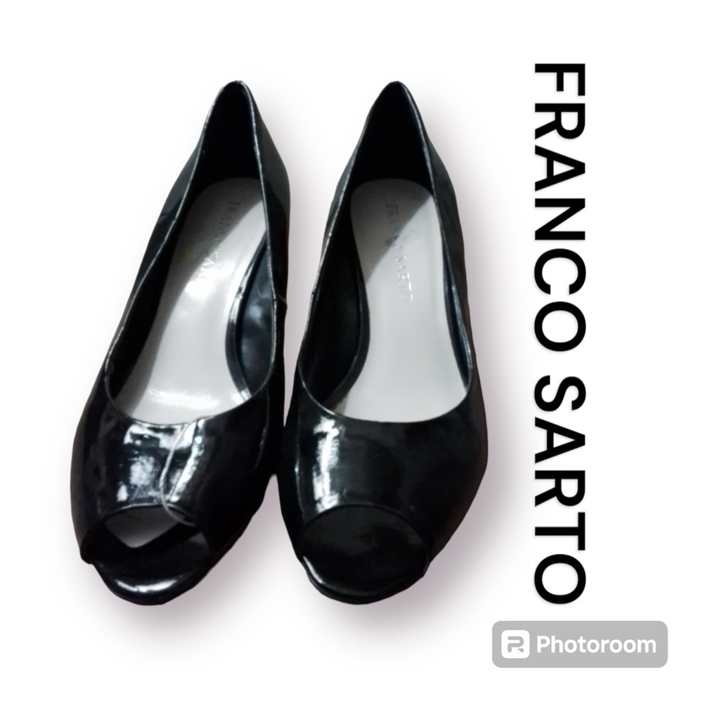 Franco Sarto Black Patent Peep-Toe Platform Pumps